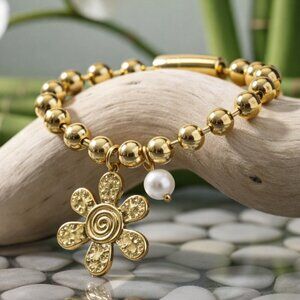 Chunky 24K Gold Plated Stainless Steel Bracelet Flower Charm Genuine Pearl